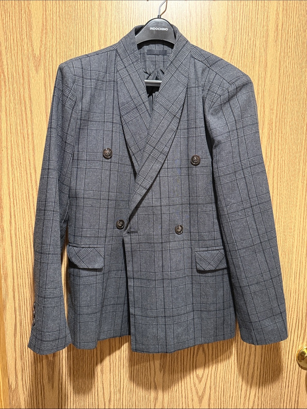 Amazon Double-Breasted Glen Plaid Blazer in Charcoal Gray
